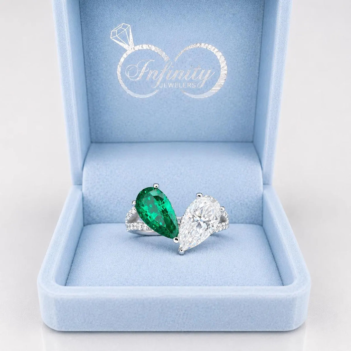 Toi Et Moi Ring Pear Emerald and Moissanite Engagement Ring Yellow Gold,  Unique Two Stone Vintage Promise Anniversary Wedding Rings,  #7483