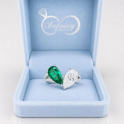 Toi Et Moi Ring Pear Emerald and Moissanite Engagement Ring Yellow Gold,  Unique Two Stone Vintage Promise Anniversary Wedding Rings,  #7483