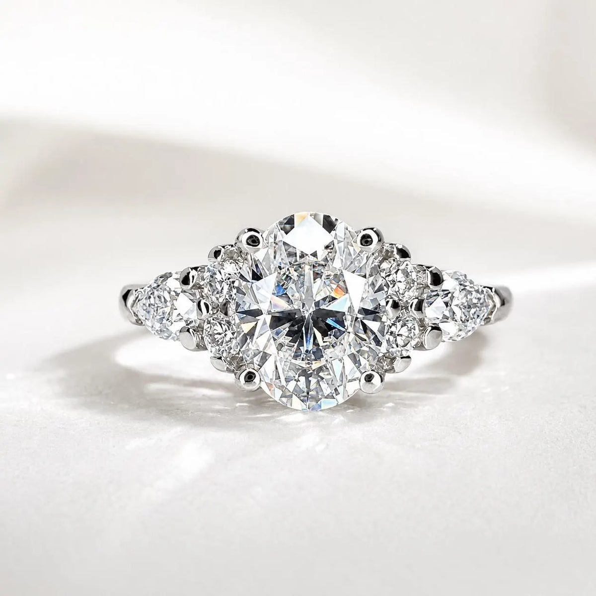 Oval Cut Moissanite Vintage Engagement Ring, 14k White Gold Moissanite Curved Wedding Ring, Unique Moissanite Bridal Set For Ladies    #7132