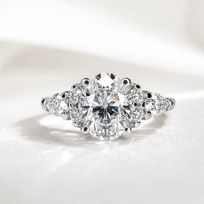 Oval Cut Moissanite Vintage Engagement Ring, 14k White Gold Moissanite Curved Wedding Ring, Unique Moissanite Bridal Set For Ladies    #7132
