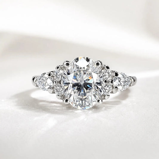Oval Cut Moissanite Vintage Engagement Ring, 14k White Gold Moissanite Curved Wedding Ring, Unique Moissanite Bridal Set For Ladies    #7132