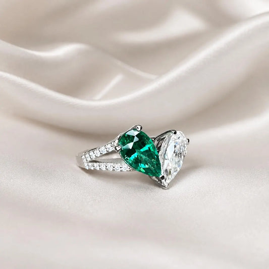 Toi Et Moi Ring Pear Emerald and Moissanite Engagement Ring Yellow Gold,  Unique Two Stone Vintage Promise Anniversary Wedding Rings,  #7483
