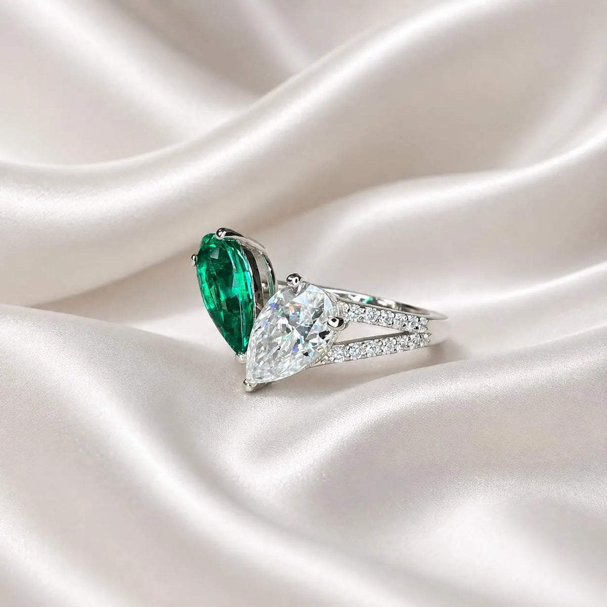 Toi Et Moi Ring Pear Emerald and Moissanite Engagement Ring Yellow Gold,  Unique Two Stone Vintage Promise Anniversary Wedding Rings,  #7483
