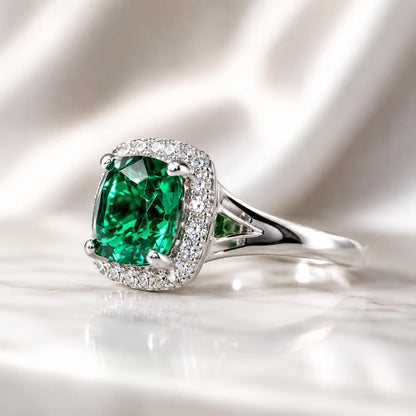 Cushion Cut Emerald And Genuine Diamond Halo Engagement Ring, 14k Gold Emerald And Moissanite Wedding Ring, Ladies May Birthstone Ring  5459