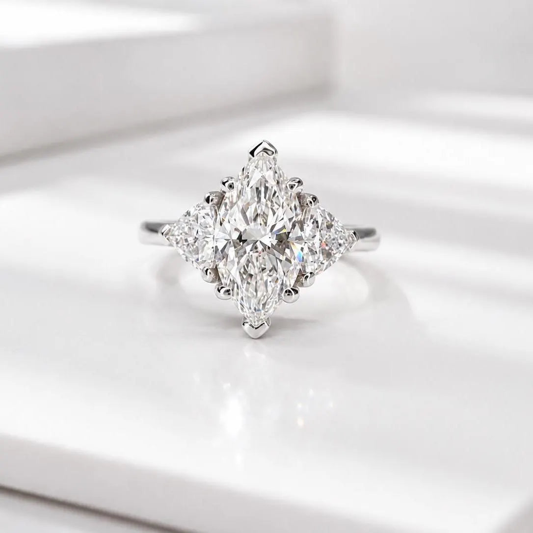 2.30 CTW Three Stone Marquise Cut Lab Grown Diamond Engagement Ring 14K Solid Gold, IGI Certified Diamond,   #9003