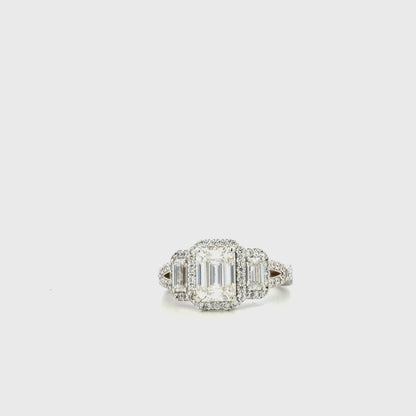 Emerald cut moissanite engagement ring 14K white gold, three stone moissanite wedding ring, Unique vintage style halo engagement ring, #7514