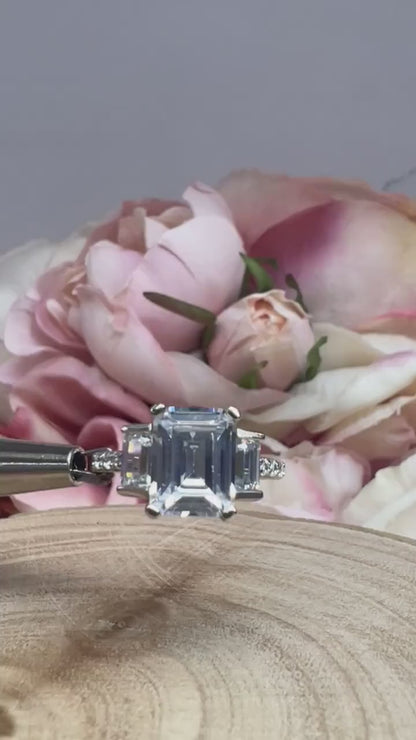 Moissanite Emerald Cut Engagement Ring With Emerald Cut Sides And Round Accents, Three Stone Engagement Ring, 14K White Gold #4660 #6883
