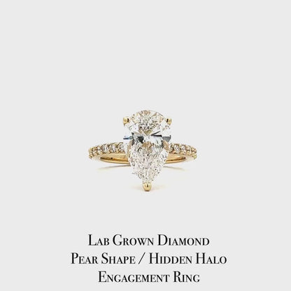 2.50 Carat Pear Lab Grown Diamond Engagement Ring 14k Gold Hidden Halo, IGI Certified #7985