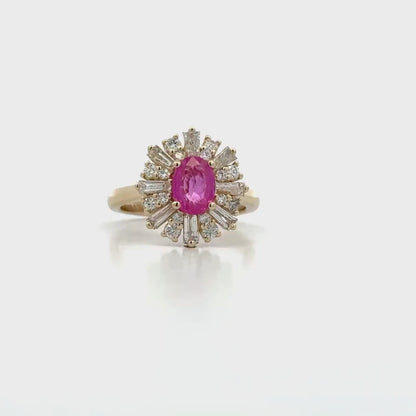 Natural Pink Sapphire Ring, Pink Sapphire Engagement Ring, Natural Diamond Halo Ring, Unique Vintage Cocktail Ring, 14K Yellow Gold #8973