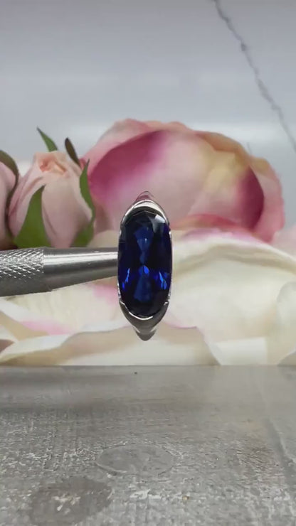 Elongated Oval Blue Sapphire East West Ring  White Gold Bezel Set Statement Ring For Women Unique  Engagement Promise Anniversary Ring  7433