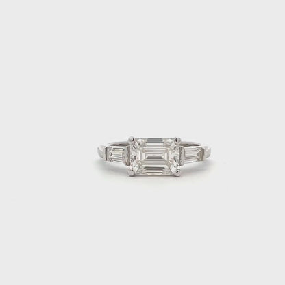 East to West Emerald Cut Moissanite Engagement Ring With Tapered Baguette Diamond Side Stones in 14K Solid White Gold, or Yellow Gold #8114