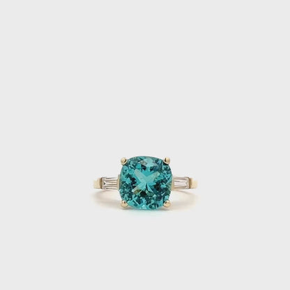 Blue Paraiba Tourmaline Cushion Moissanite Baguettes Engagement Ring  Three Stone Paraiba Tourmaline Anniversary Promise Wedding Ring