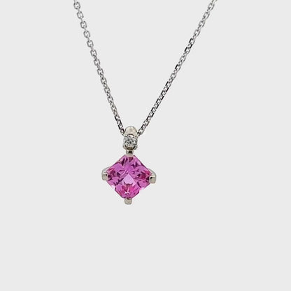 Pink Sapphire and Diamond Pendant Necklace 14K Yellow Gold, Radiant Cut Pink Sapphire Necklace, Dainty Necklace, October Birthstone,  #6476