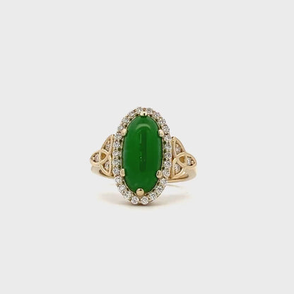 Jade Ring Elongated Oval with Diamond Halo in 14K Solid Yellow Gold , Unique Cabochon Oval Cut Jade Engagement Ring  Celtic Gold Jade Ring 8337
