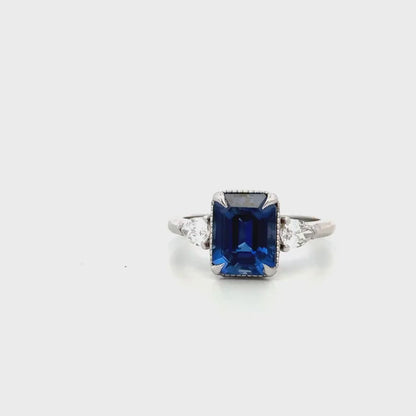 Emerald Cut Blue Sapphire Engagement Ring, Pear Lab Grown Diamonds, 14K Gold #8857