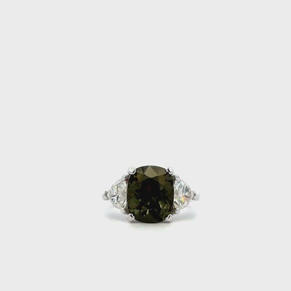 Olive Green Sapphire Engagement Ring 14K Gold , Unique Elongated Cushion Cut Olive Green Sapphire Anniversary Ring , Three Stone Ring  #7345