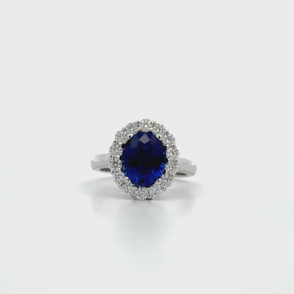 3.00 CT Oval Cut Blue Sapphire Ring 14K Solid Gold , Lab Diamond Halo Ring , Blue Sapphire and Diamond Halo Ring , September Birthstone Ring , #8604