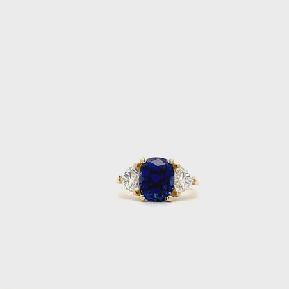 3.30. CT Elongated Cushion Cut Blue Sapphire Engagement Ring and Moissanite Trillion Accents, Blue Sapphire and Moissanite Ring  14K White Gold #6800