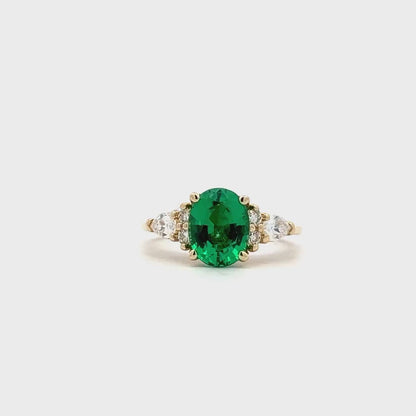 Oval Cut Emerald Engagement Ring, 14k Gold Oval Cut Emerald And Pear Moissanite Wedding Ring, Pear And Round Cluster Moissanite Ring  #7142