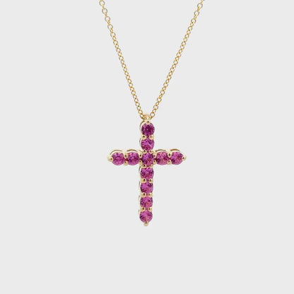 Cross Necklace With Sapphire Stones For Girls, Pink Sapphire Cross Necklace 14K Solid Gold, Pink Sapphire Cross Pendant Gift for Girls