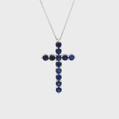 Cross Necklace / Round Blue sapphire Necklace / Pendants / 14k White Gold