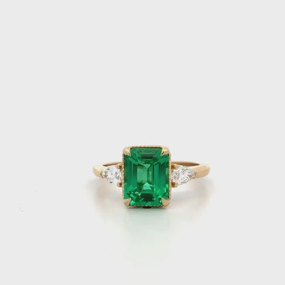 Emerald Cut Emerald Engagement Ring with Pear Shape Lab Grown Diamonds 14K Solid Gold , May Birthstone Ring , Trendy Ring #8857