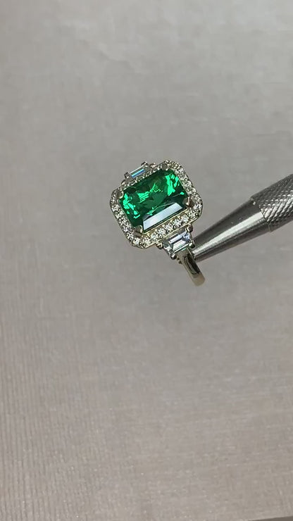 Emerald Engagement Ring, Radiant Cut Wedding Ring, Moissanite Halo Engagement Ring, Mother Ring, May Birth Stone Ring, 14k Gold, #7059
