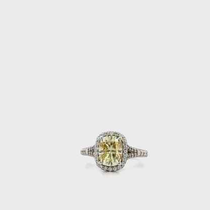Cushion Cut Yellow Moissanite Halo Engagement Ring, 14k White Gold Elongated Cushion Cut Moissanite Wedding Ring, Moissanite Halo Ring #7133