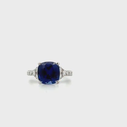 Blue Sapphire Ring 14K White Gold, September Birthstone Wedding Ring, Cushion Cut Blue Sapphire Engagement Ring, Unique Sapphire Ring