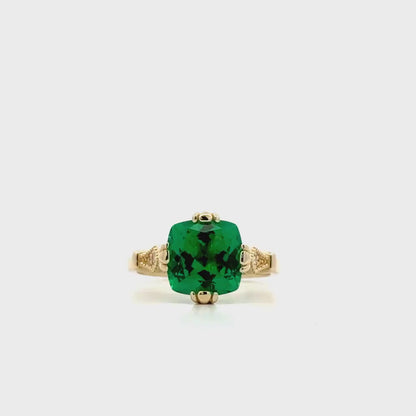 Cushion Cut Emerald And Diamond Engagement Ring, 14k Yellow Gold Cushion Cut Emerald Wedding Ring, Ladies Emerald And Diamond Ring     #5975