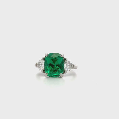 Elongated cushion cut emerald engagement ring with moissanite trillions 14k white gold Unique three stone emerald wedding promise ring #5514