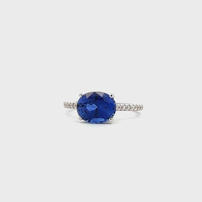 Oval  Blue Sapphire And Genuine Diamond Ring Set Horizontal In 14k White Gold #5777