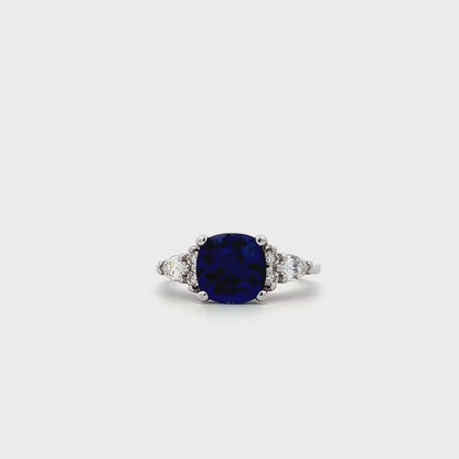 Cushion Cut Blue Sapphire Engagement Ring 14K White Gold, Blue Sapphire Ring For Women Solid White Gold, Sapphire and Moissanite Ring, #7157