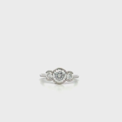 Moissanite Engagement Ring Bezel Set , Round Moissanite Three Stone Bezel Set Engagement Ring , Trendy Moissanite Ring For Women , #8813