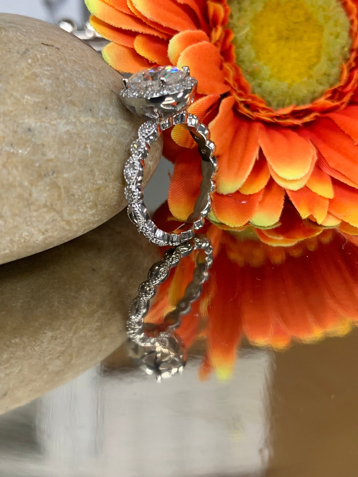 Certified moissanite oval halo ring with diamonds accent, 14k white gold