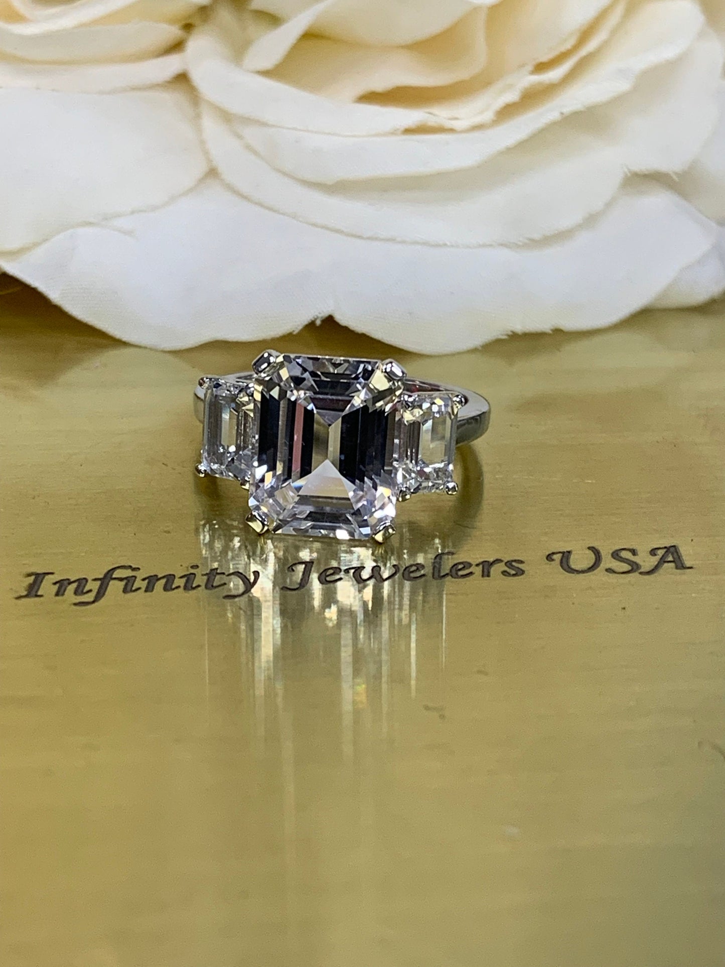 Emerald Cut Moissanite Engagement Ring, Three Stone Emerald Cut Moissanite Wedding Ring, 14k White Gold Ladies Birthstone Ring  #6947