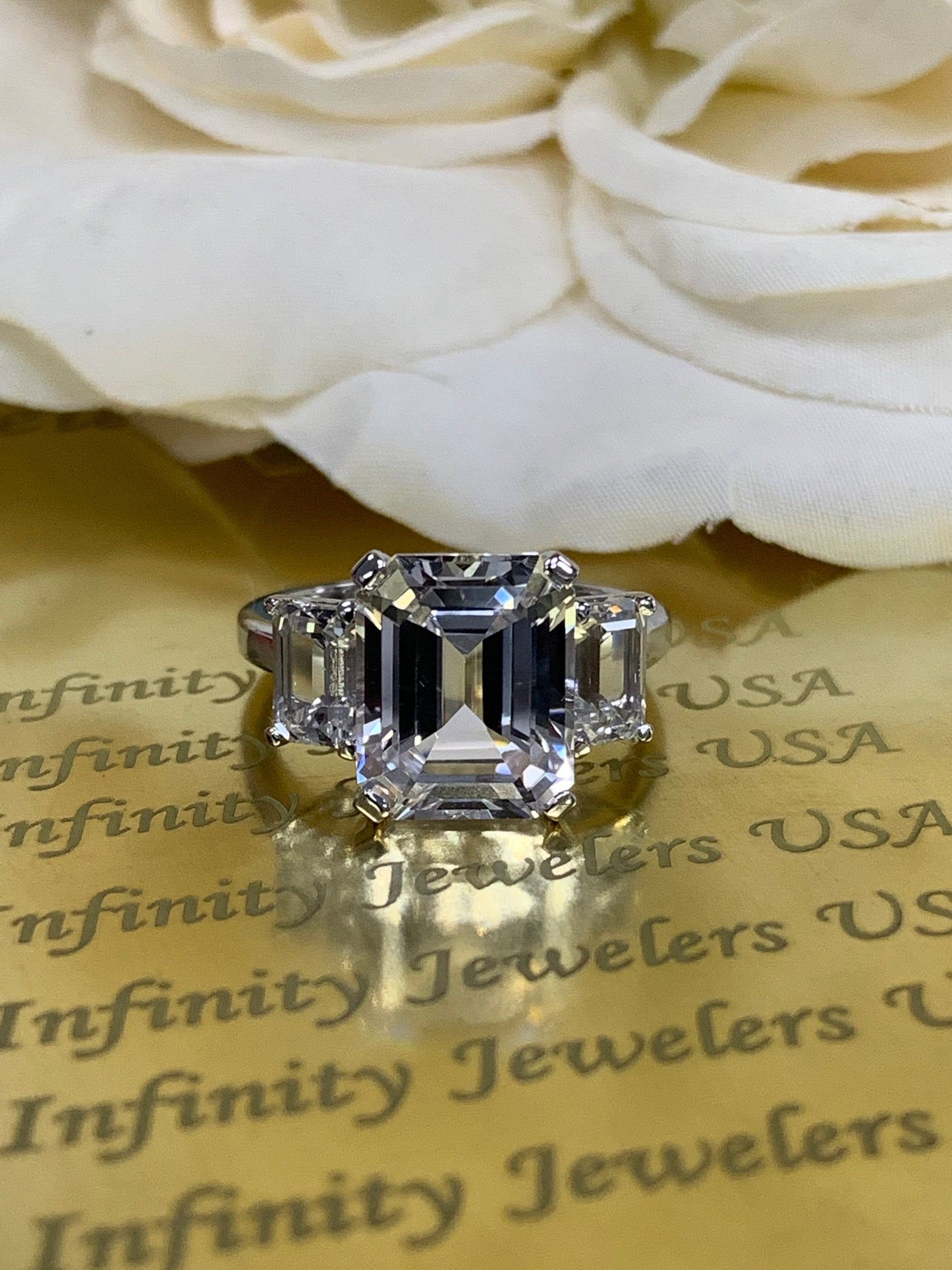 Emerald Cut Moissanite Engagement Ring, Three Stone Emerald Cut Moissanite Wedding Ring, 14k White Gold Ladies Birthstone Ring  #6947