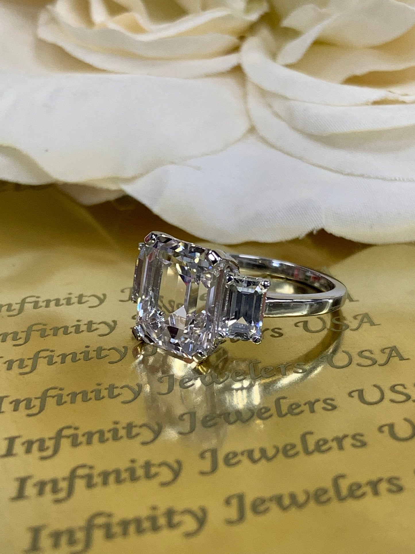 Emerald Cut Moissanite Engagement Ring, Three Stone Emerald Cut Moissanite Wedding Ring, 14k White Gold Ladies Birthstone Ring  #6947