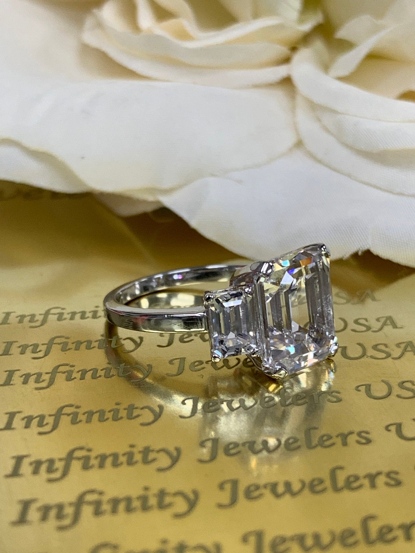 Emerald Cut Moissanite Engagement Ring, Three Stone Emerald Cut Moissanite Wedding Ring, 14k White Gold Ladies Birthstone Ring  #6947