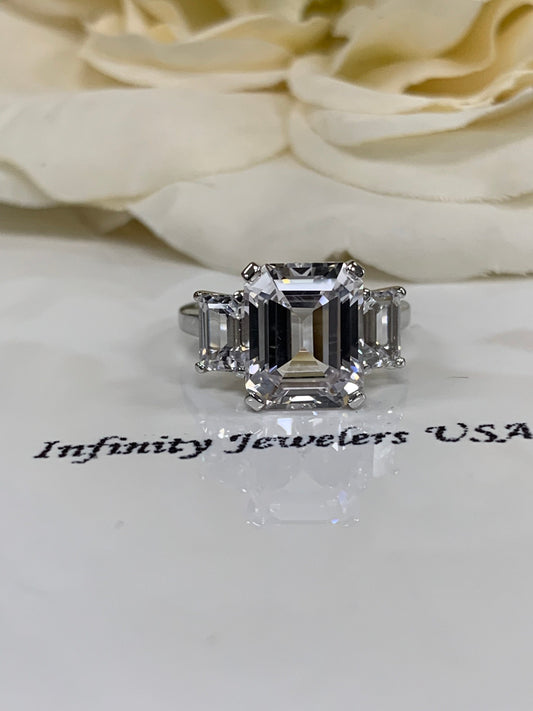 Emerald Cut Moissanite Engagement Ring, Three Stone Emerald Cut Moissanite Wedding Ring, 14k White Gold Ladies Birthstone Ring  #6947