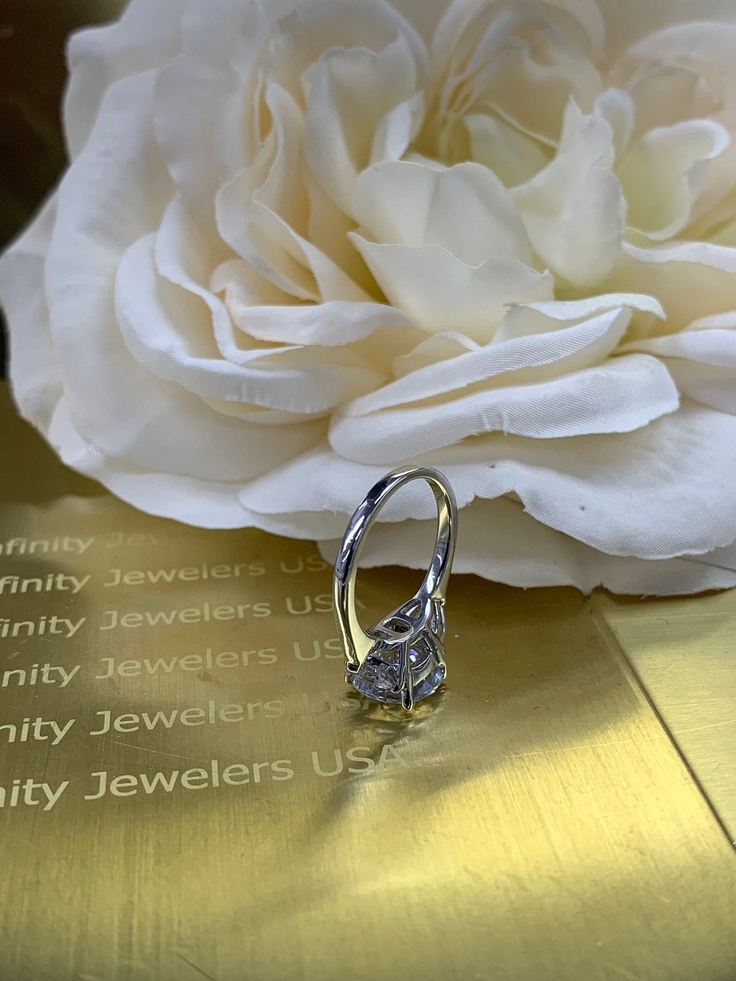 Moissanite Round Engagement Ring,  Round Moissanite Engagement Ring, Trillion Ring, 14k White Gold #6731 #5449