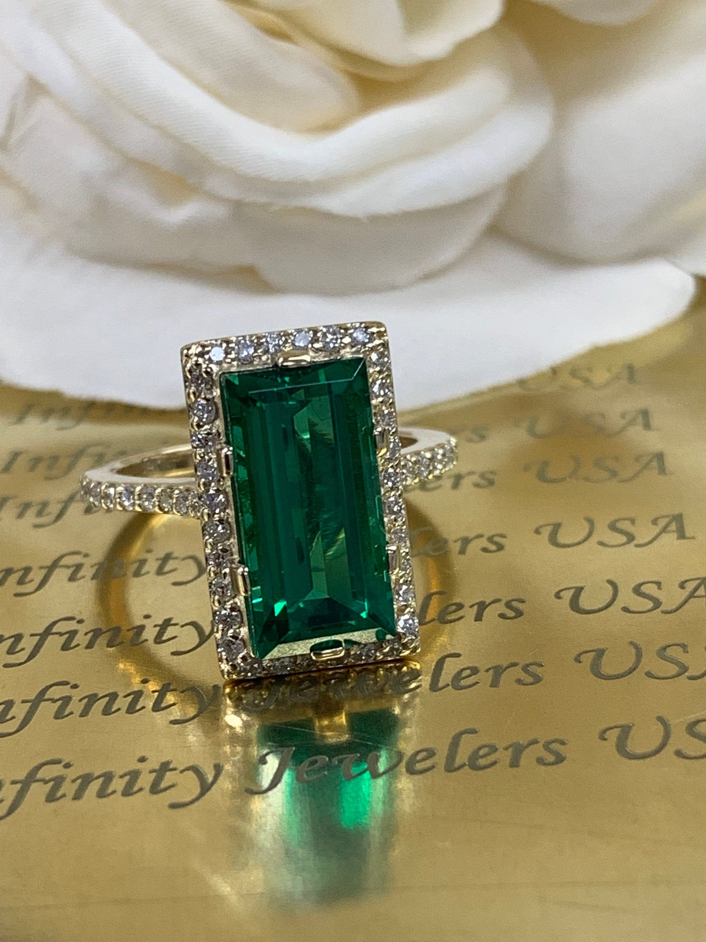 Emerald Green Elongated Baguette, Diamond Halo Engagement Ring, 14K Yellow Gold  Tulip Head Setting / Wedding Ring/ 5971