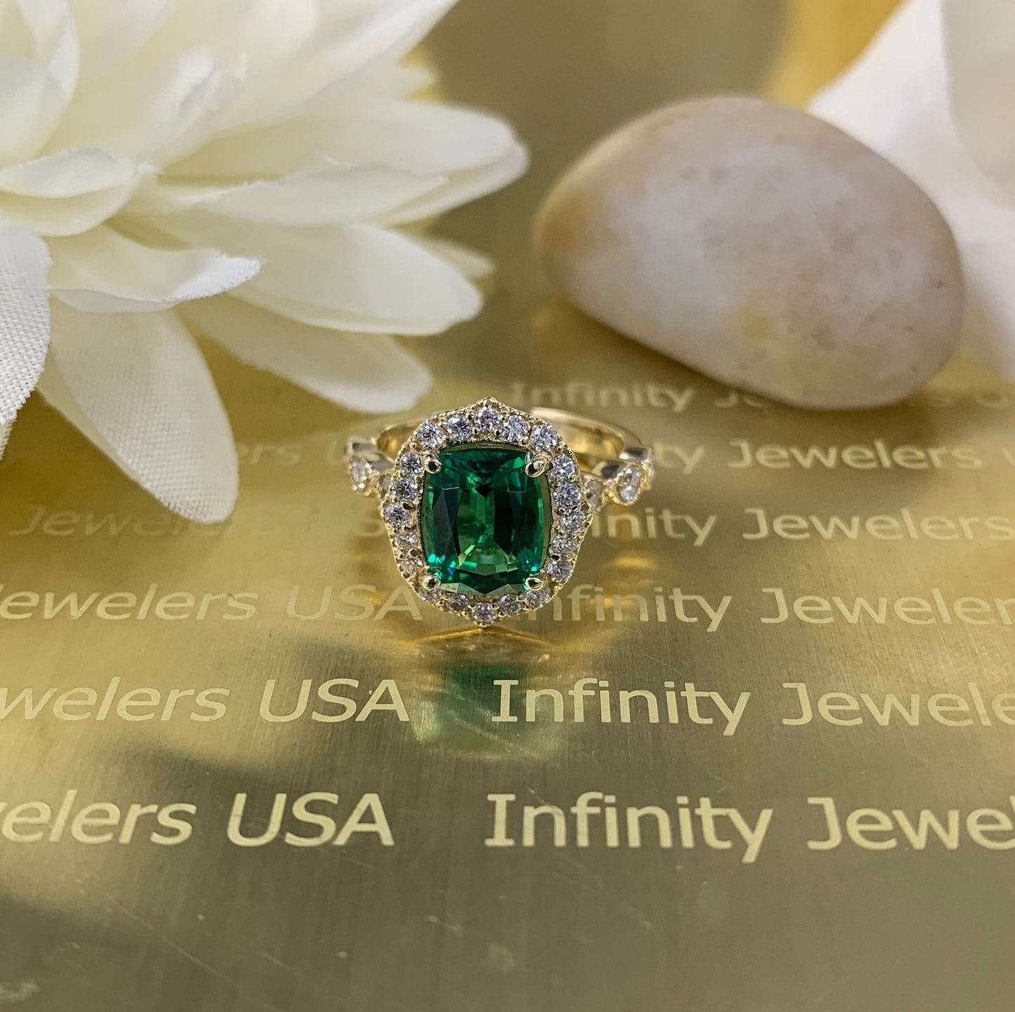 Cushion Cut Emerald And Diamond Halo Engagament Ring In 14K solid Yellow Gold Unique Vintage emerald promise anniversary wedding ring  #5229