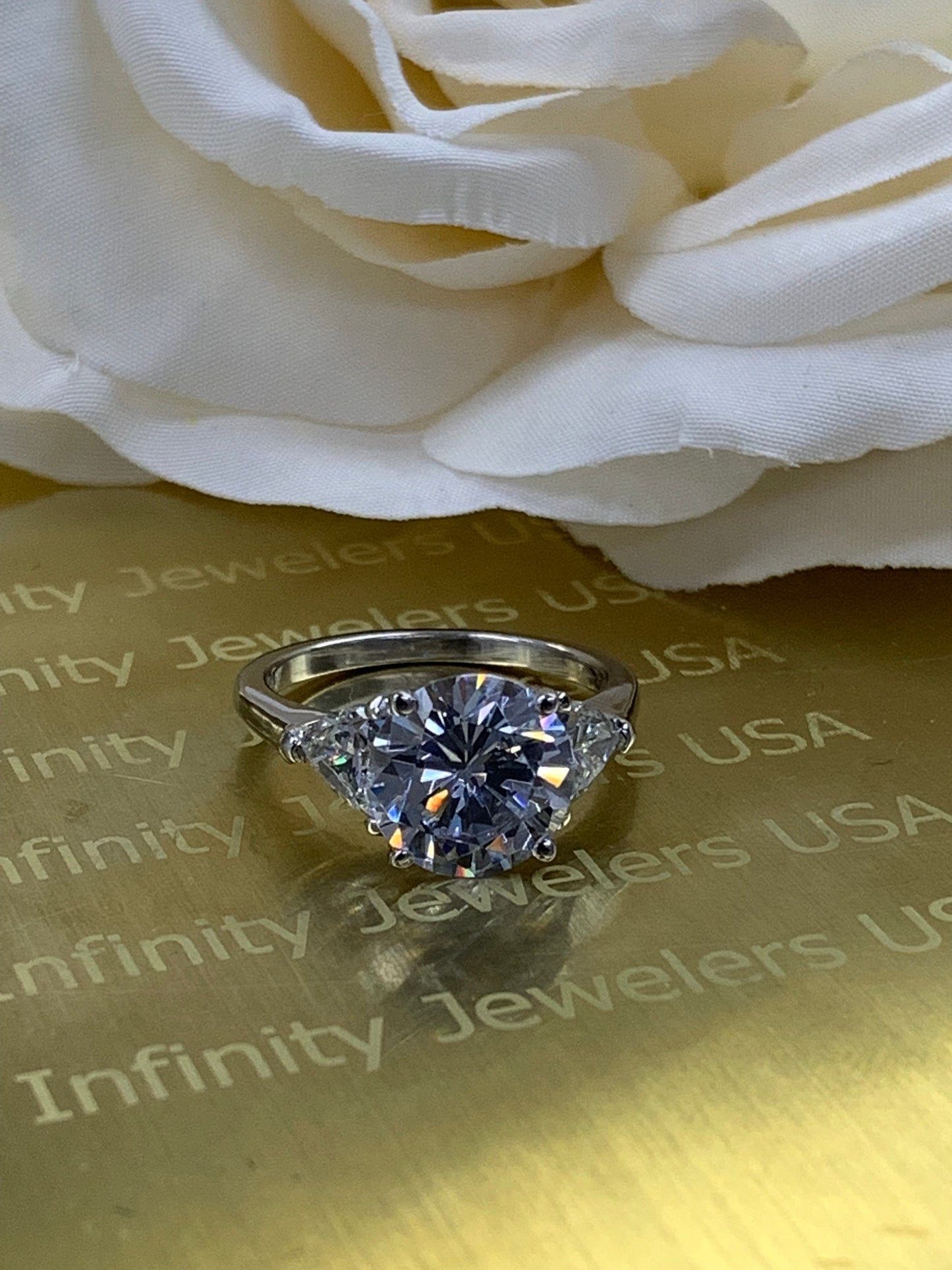 Moissanite Round Engagement Ring,  Round Moissanite Engagement Ring, Trillion Ring, 14k White Gold #6731 #5449