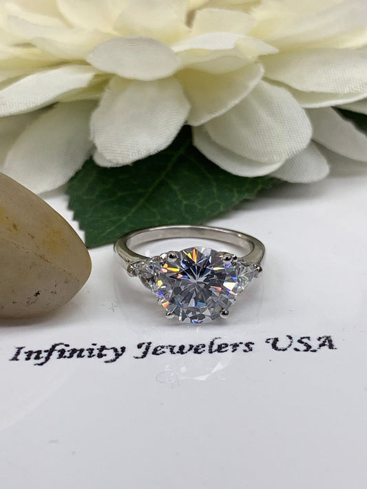 Moissanite Round Engagement Ring,  Round Moissanite Engagement Ring, Trillion Ring, 14k White Gold #6731 #5449