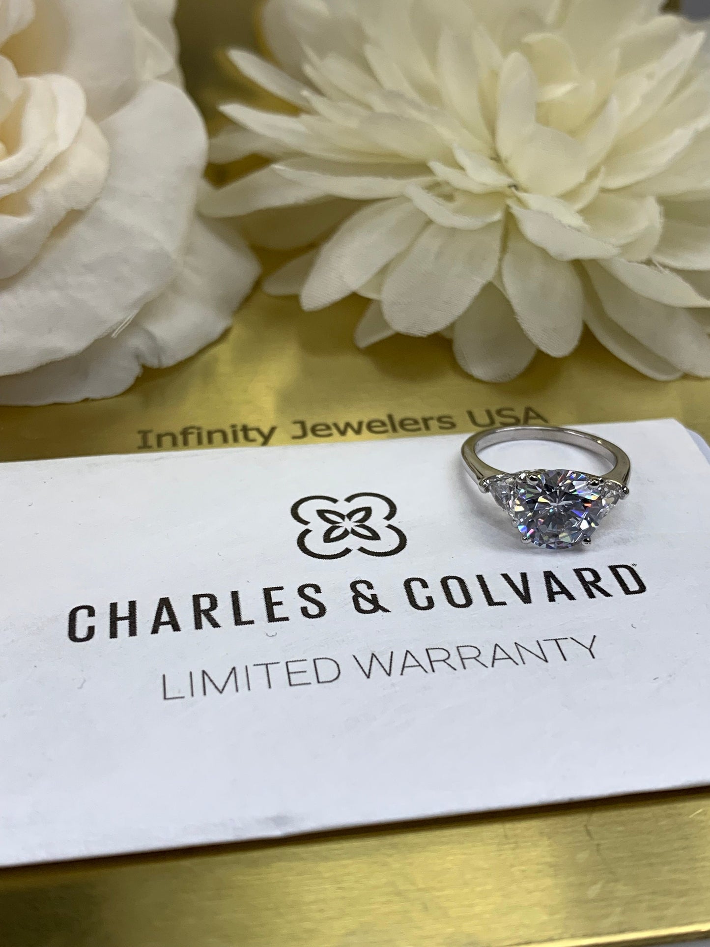 Moissanite Round Engagement Ring,  Round Moissanite Engagement Ring, Trillion Ring, 14k White Gold #6731 #5449