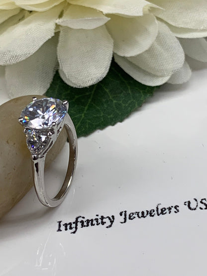 Moissanite Round Engagement Ring,  Round Moissanite Engagement Ring, Trillion Ring, 14k White Gold #6731 #5449