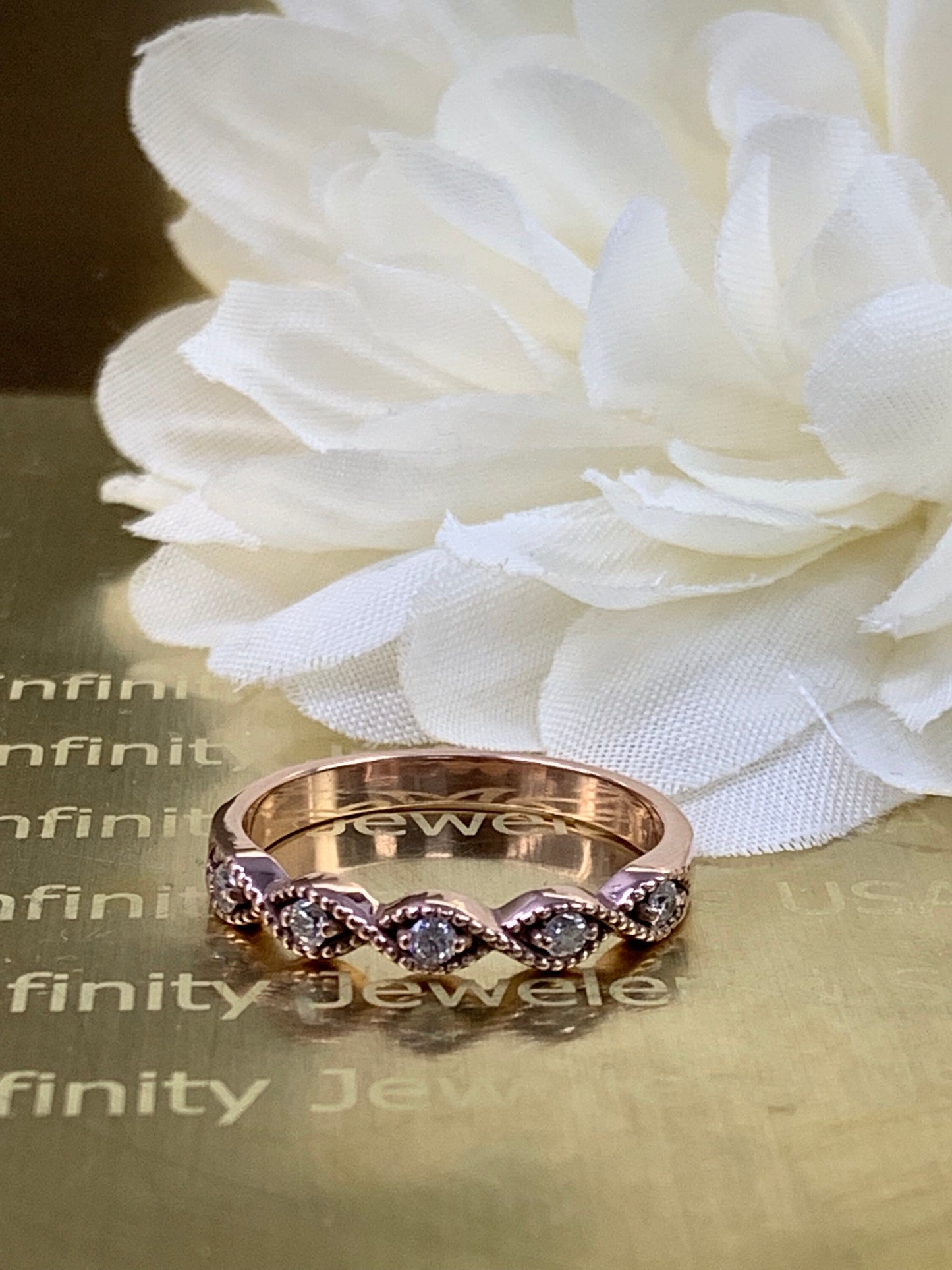 Diamond round cut wedding band, stackable vintage anniversary ring, infinity milgrain promise ring, 14k rose gold #4413