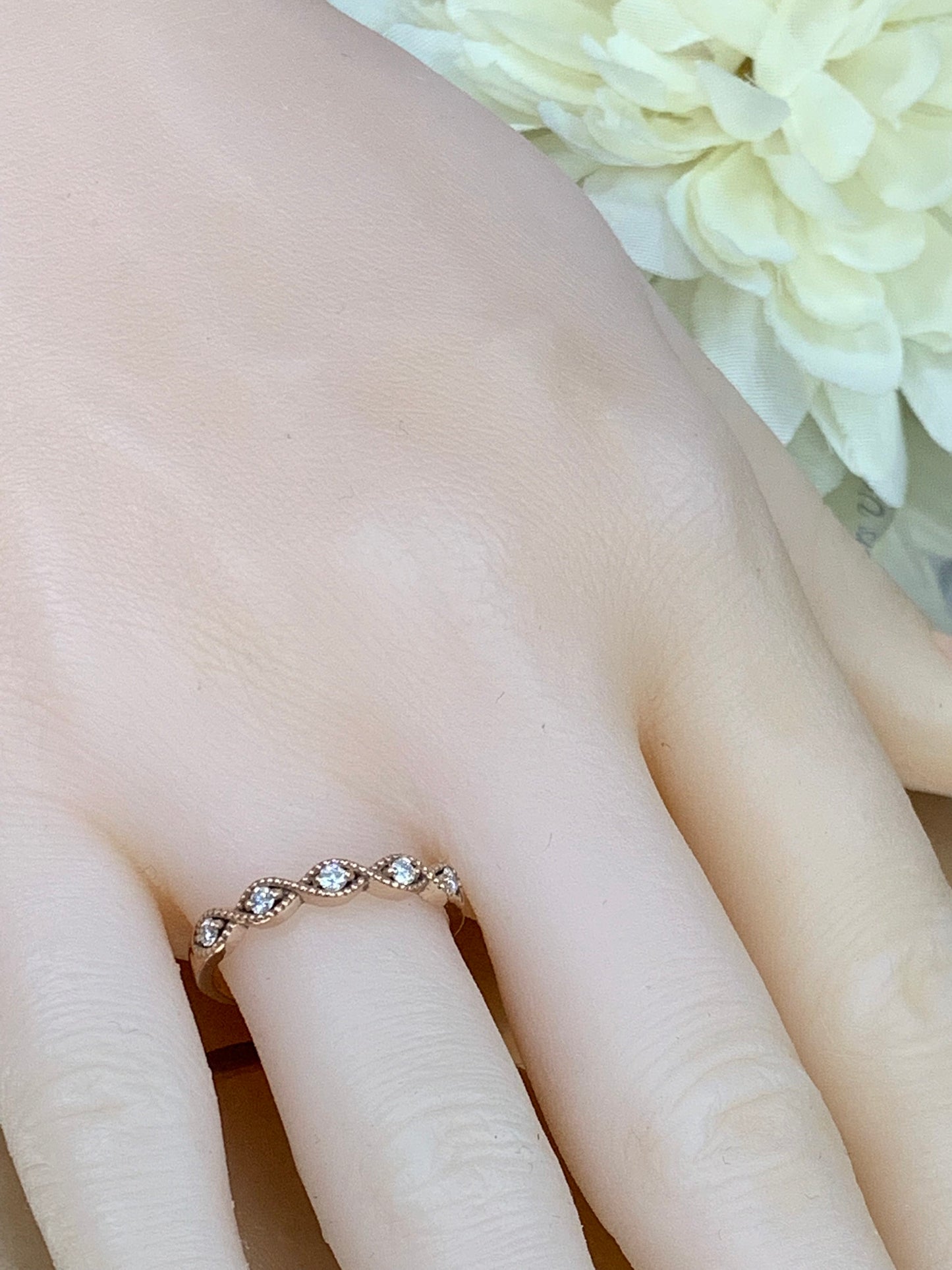 Diamond round cut wedding band, stackable vintage anniversary ring, infinity milgrain promise ring, 14k rose gold #4413