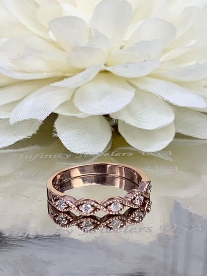 Diamond round cut wedding band, stackable vintage anniversary ring, infinity milgrain promise ring, 14k rose gold #4413